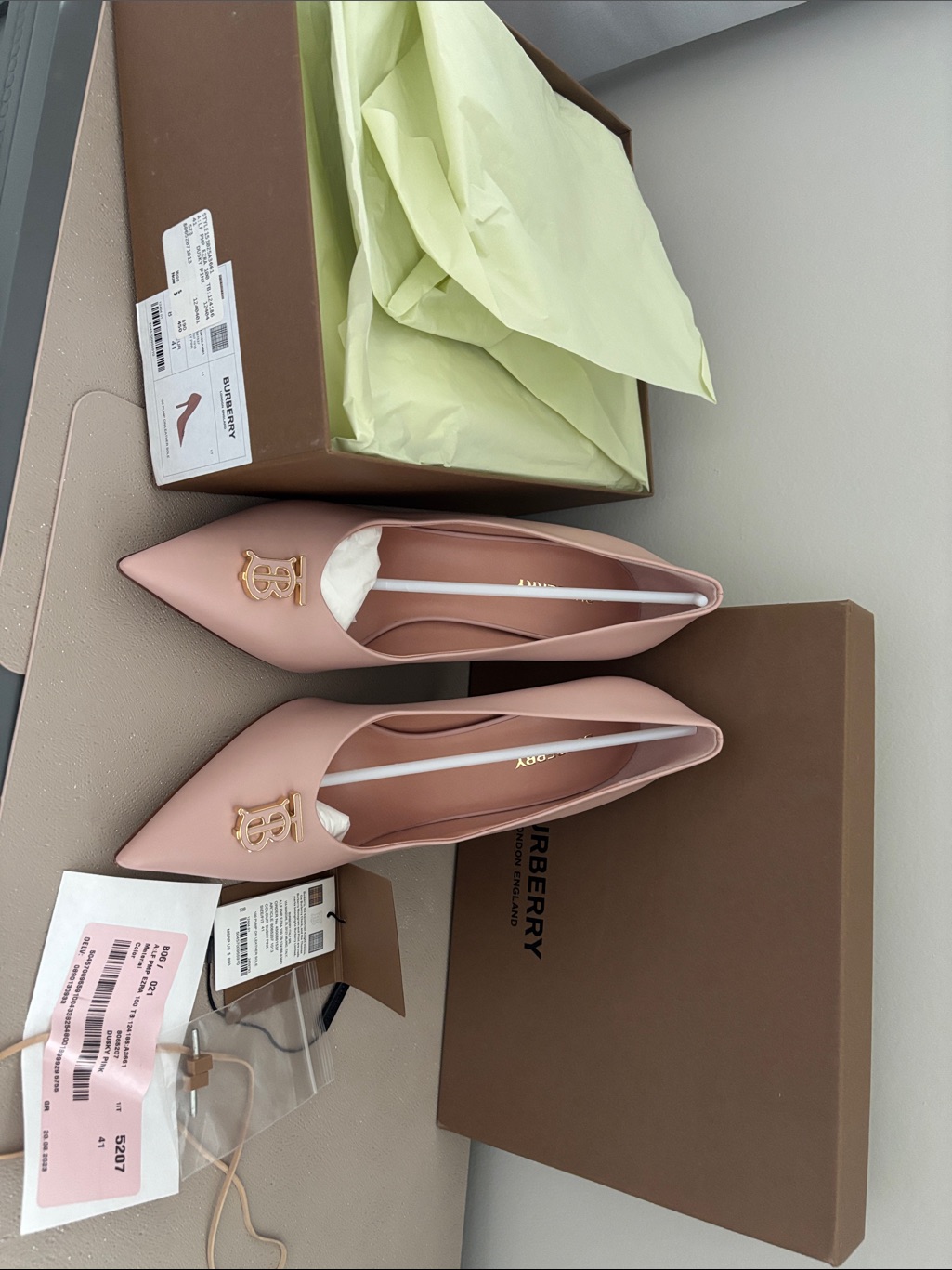 Burberry Blush Pink Pointed Leather Flats With Gold Tb Accent